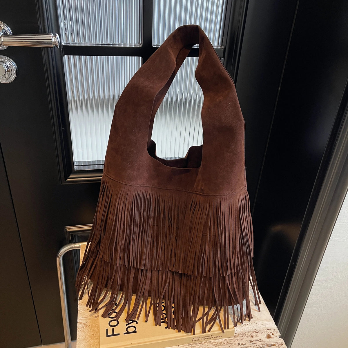 SEAME - Amanda Retro Leather Velvet Tassel Shoulder Bag for Women - Large Capacity Dark Brown