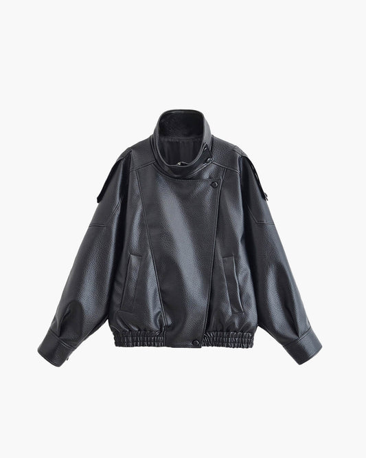 SEAME - Cecil Asymmetrical Leather Jacket Black M