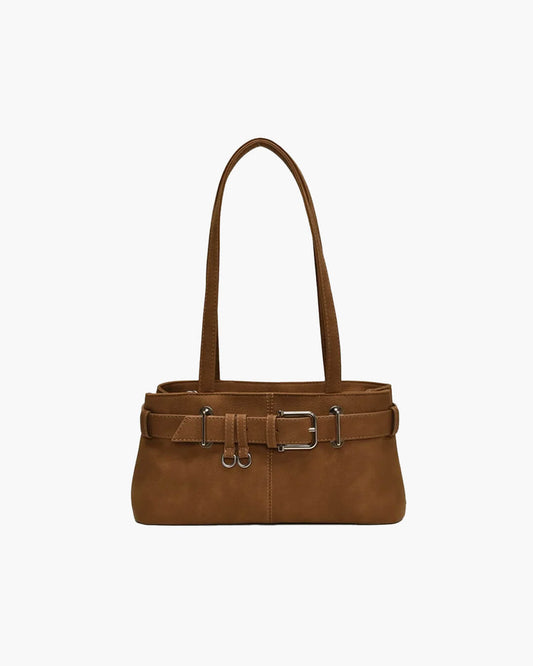 SEAME - Gemma - Retro Texture Tote Bag with Secure Belt Lock Closure Brown