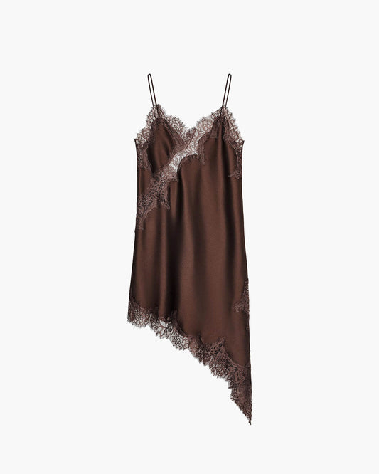 SEAME - Pia Women's Summer Asymmetric Satin Lace Cocktail Dress Brown Dress XS