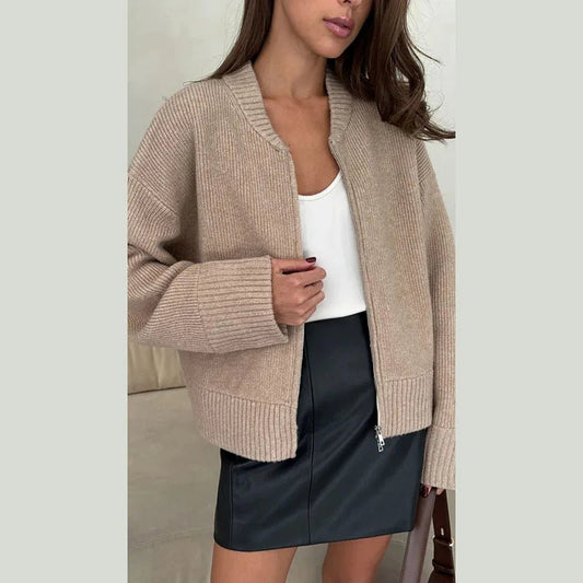 SEAME - SEAME Women's Long Cardigan Sweater with Zipper Closure - Elegant Knit Design Beige S